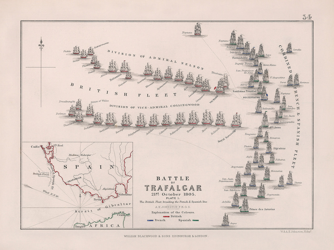 Batalla de Trafalgar: la flota británica rompiendo la línea francesa y española por AK Johnston, 1852