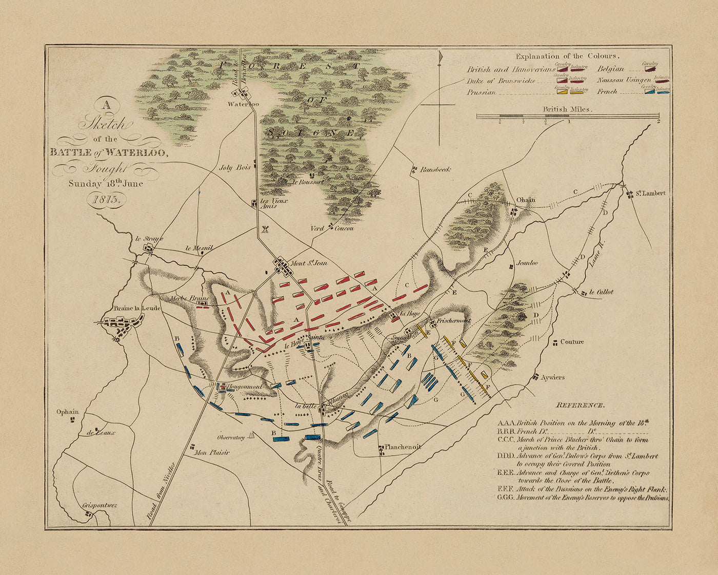 Batalla de Waterloo, 1815: posiciones británicas y francesas por la mañana, por Anónimo, 1815