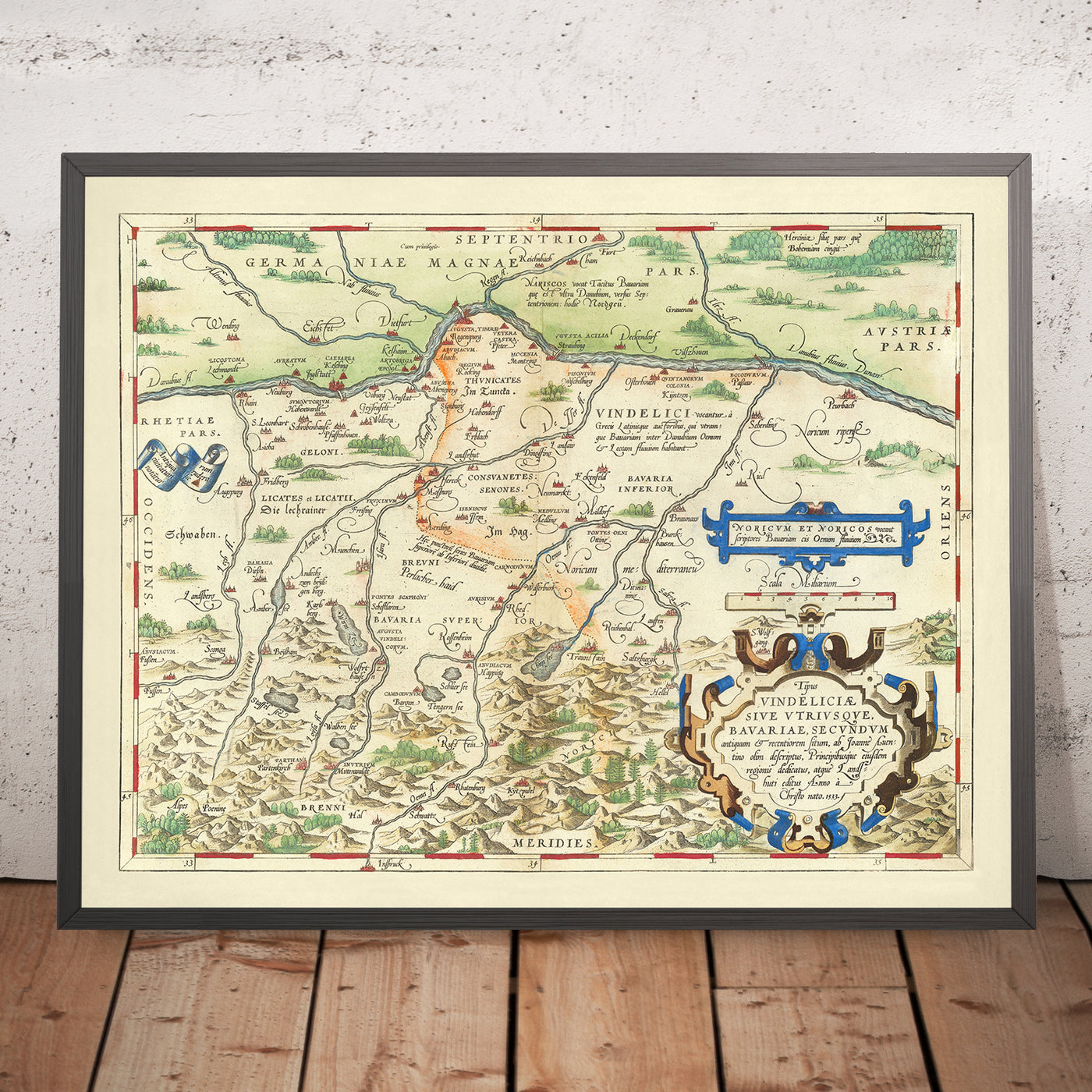 Mapa antiguo de Baviera de Ortelius, 1570: Múnich, Augsburgo, río Danubio, montañas y cartuchos