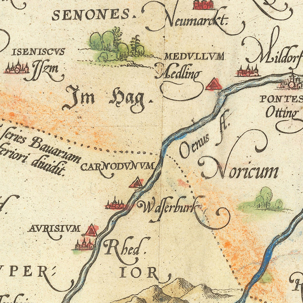 Mapa antiguo de Baviera de Ortelius, 1570: Múnich, Augsburgo, río Danubio, montañas y cartuchos