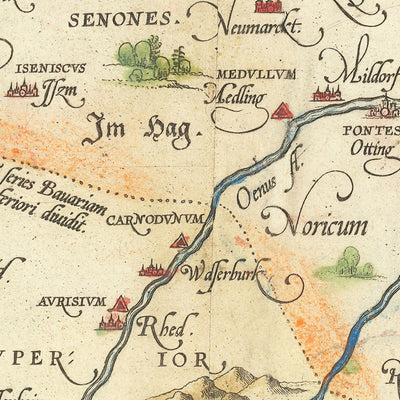 Mapa antiguo de Baviera de Ortelius, 1570: Múnich, Augsburgo, río Danubio, montañas y cartuchos