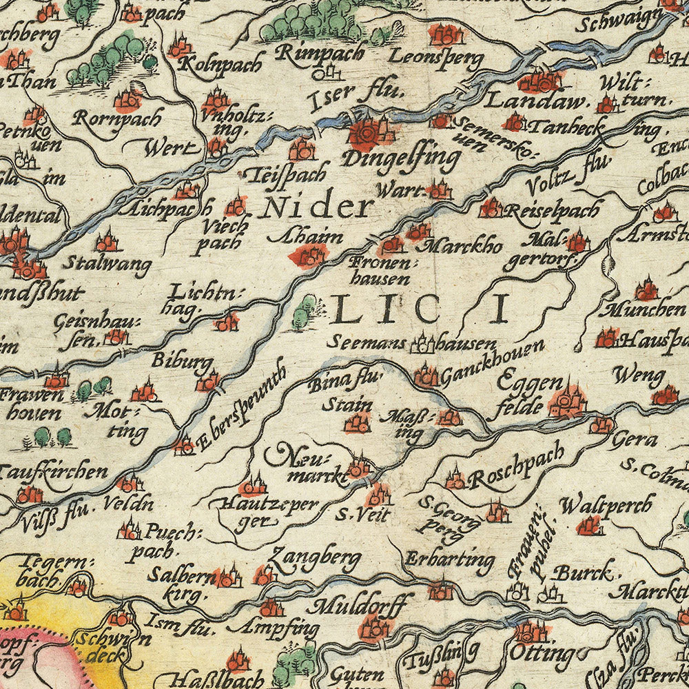 Alte Karte von Bayern von Ortelius, 1579: München, Nürnberg, Donau, Deutsche Alpen, dekorative Kartusche