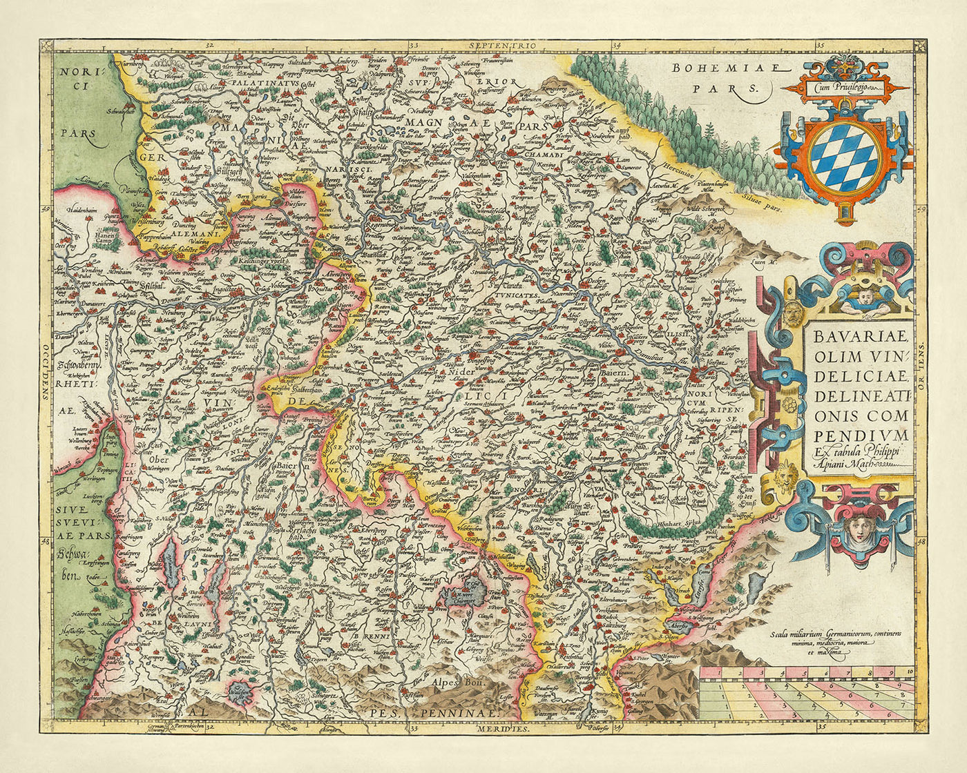 Mapa antiguo de Baviera de Ortelius, 1579: Múnich, Núremberg, río Danubio, Alpes alemanes, cartela decorativa