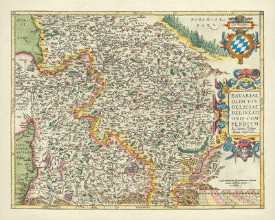 Alte Karte von Bayern von Ortelius, 1579: München, Nürnberg, Donau, Deutsche Alpen, dekorative Kartusche