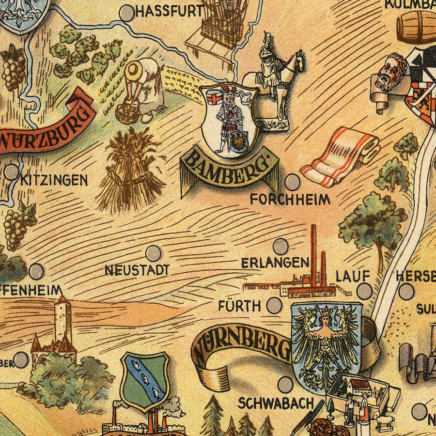 Mapa de la ocupación americana de Alemania por Desch, 1948: WW2, Múnich, Nuremberg, Stuttgart, Frankfurt, Heidelberg 