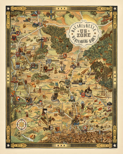 Mapa ilustrado antiguo de la ocupación estadounidense de Alemania, realizado por Desch en 1948: Múnich, Núremberg, Stuttgart, Fráncfort y Heidelberg