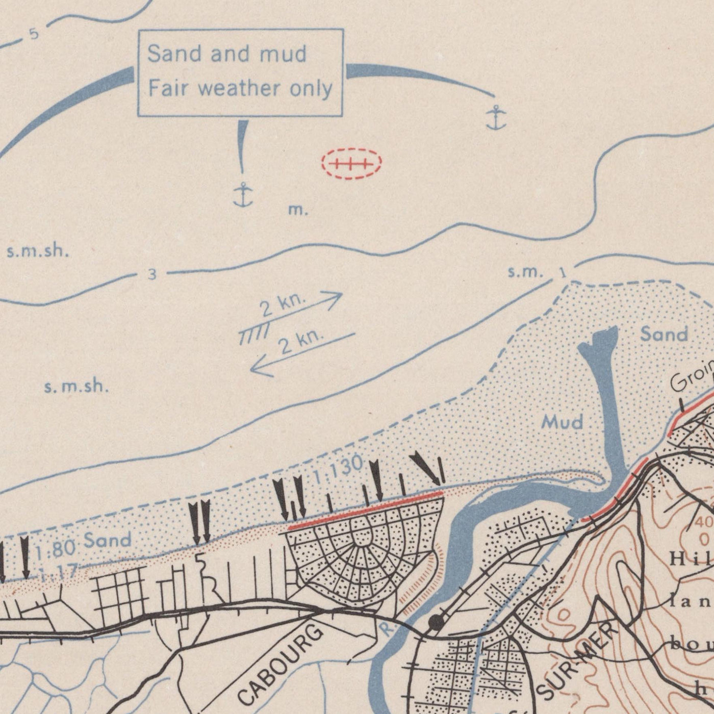 Old Military Map of Normandy Beaches, 1943:  D-Day Planning, Vierville to Houlgate, Arromanches