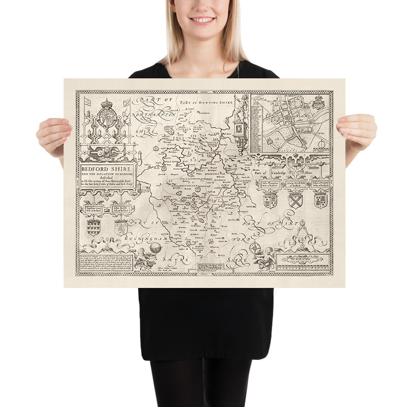 Ancienne carte du Bedfordshire 1611, John Speed - Bedford, Luton, Dunstable, St Neots, Kempston, Leighton Buzzard
