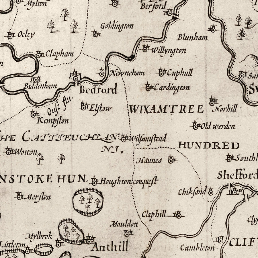 Ancienne carte du Bedfordshire 1611, John Speed - Bedford, Luton, Dunstable, St Neots, Kempston, Leighton Buzzard