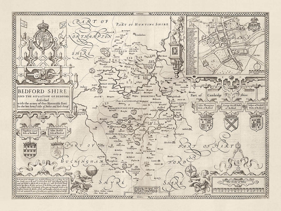 Ancienne carte du Bedfordshire 1611, John Speed - Bedford, Luton, Dunstable, St Neots, Kempston, Leighton Buzzard