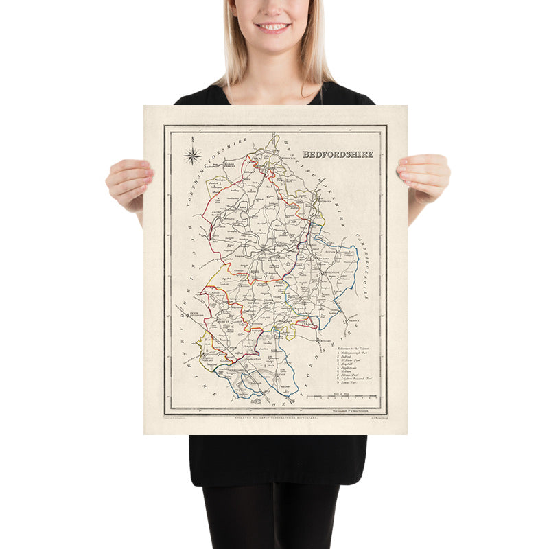 Alte Karte von Bedfordshire von Samuel Lewis, 1844: Luton, Dunstable, Leighton Buzzard, Biggleswade, Ampthill 