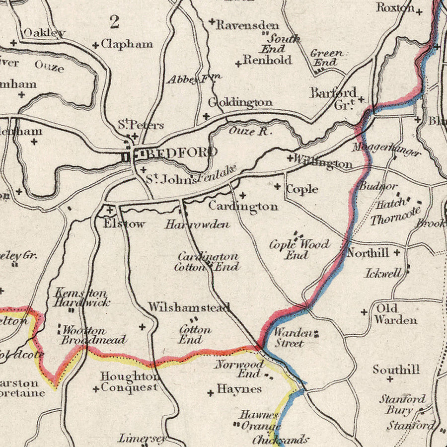 Alte Karte von Bedfordshire von Samuel Lewis, 1844: Luton, Dunstable, Leighton Buzzard, Biggleswade, Ampthill 