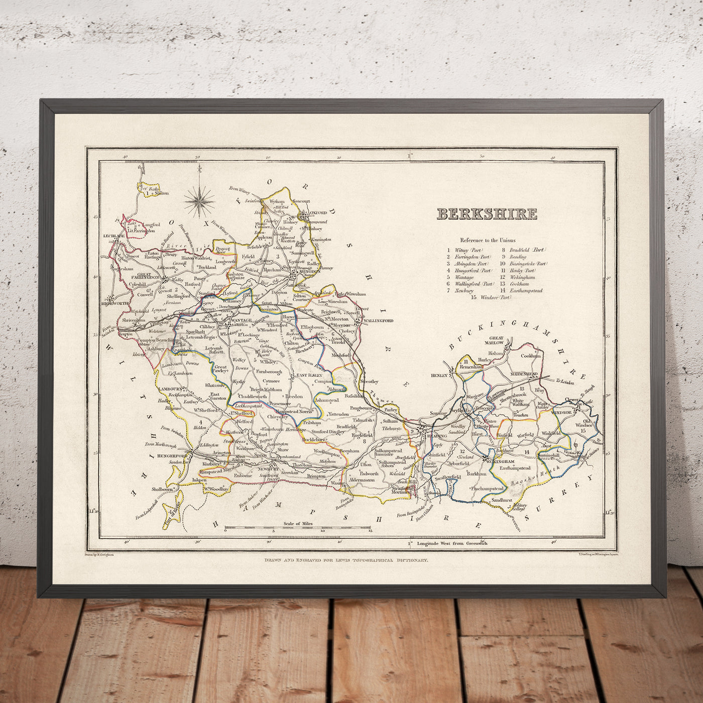 Ancienne carte du Berkshire par Samuel Lewis, 1844 : Reading, Windsor, Newbury, Abingdon et Henley-on-Thames