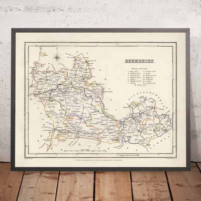 Ancienne carte du Berkshire par Samuel Lewis, 1844 : Reading, Windsor, Newbury, Abingdon et Henley-on-Thames