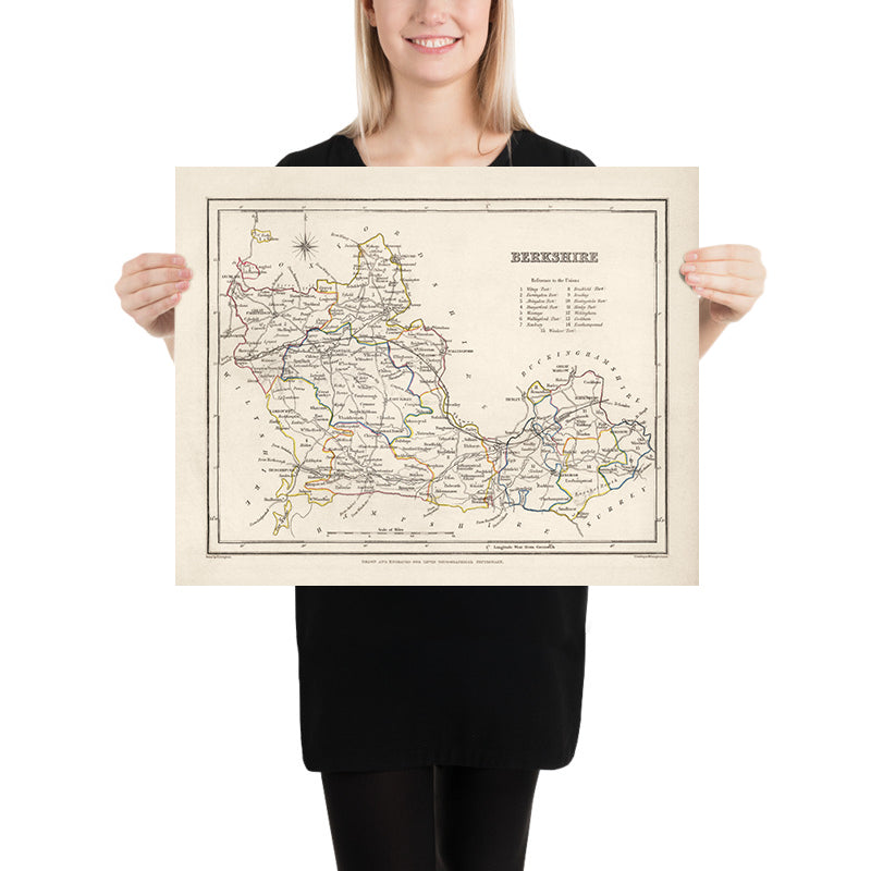 Ancienne carte du Berkshire par Samuel Lewis, 1844 : Reading, Windsor, Newbury, Abingdon et Henley-on-Thames