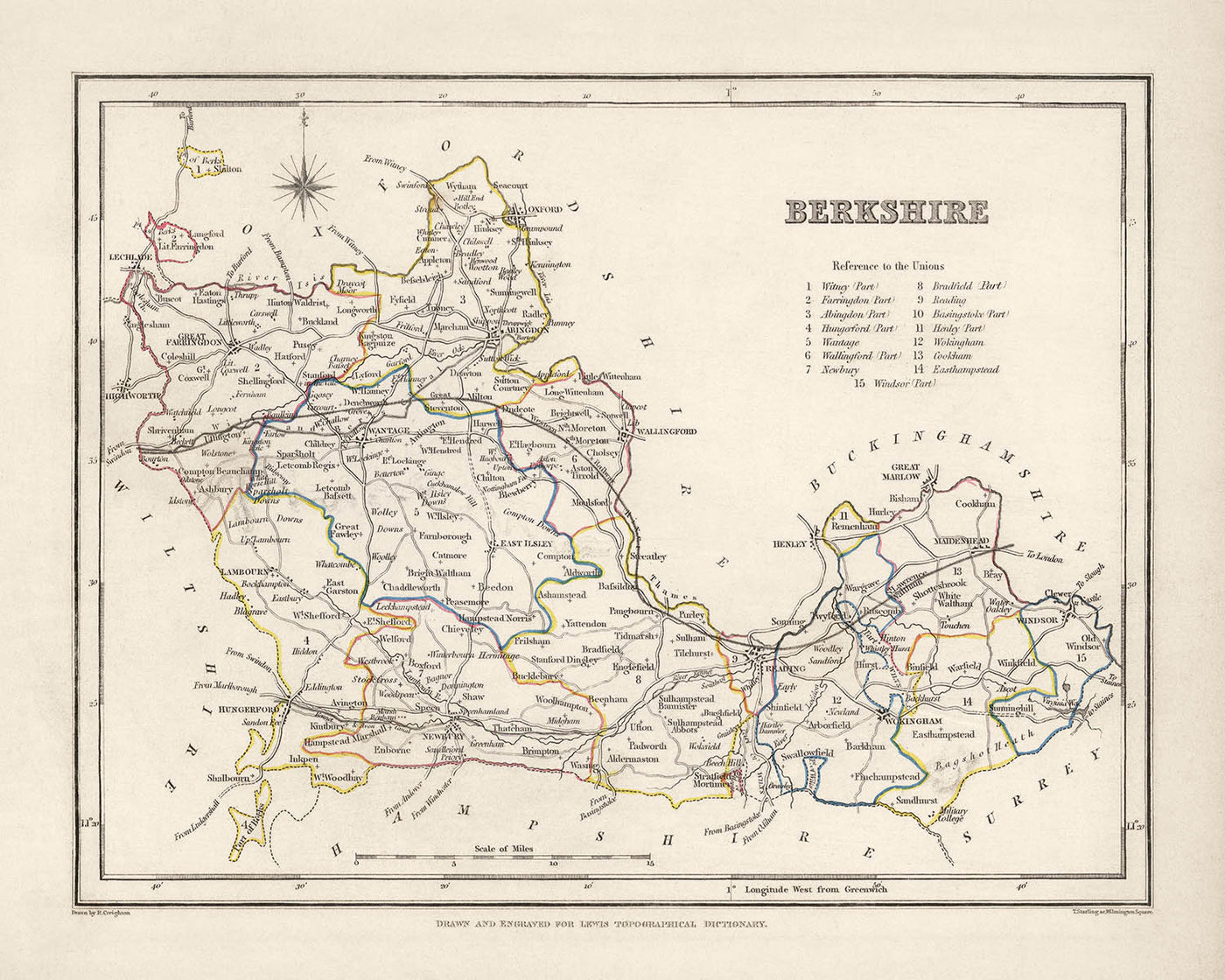 Ancienne carte du Berkshire par Samuel Lewis, 1844 : Reading, Windsor, Newbury, Abingdon et Henley-on-Thames