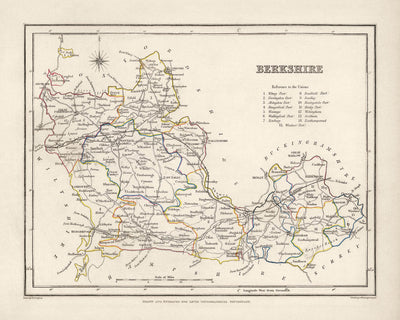 Ancienne carte du Berkshire par Samuel Lewis, 1844 : Reading, Windsor, Newbury, Abingdon et Henley-on-Thames