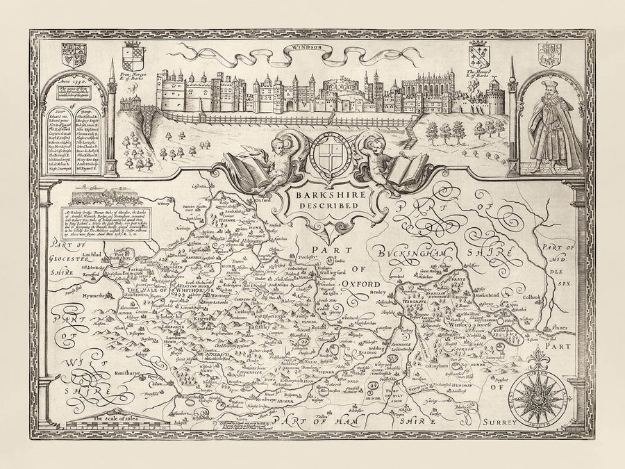 La carte monochrome ancienne de Berkshire 1611 par John Speed - Reading, Slough, Bracknell, Maidenhead, Henley, Eton, Windsor Castle