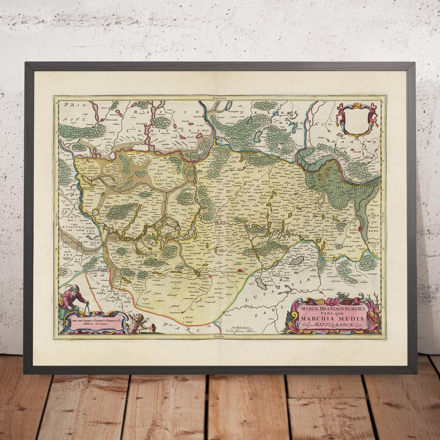 Old Map of Berlin-Brandenburg by Joan Blaeu, 1665: Berlin, Potsdam, Cottbus, Frankfurt an der Oder, and Brandenburg an der Havel, with the River Spree, Havel, and the Märkische Schweiz