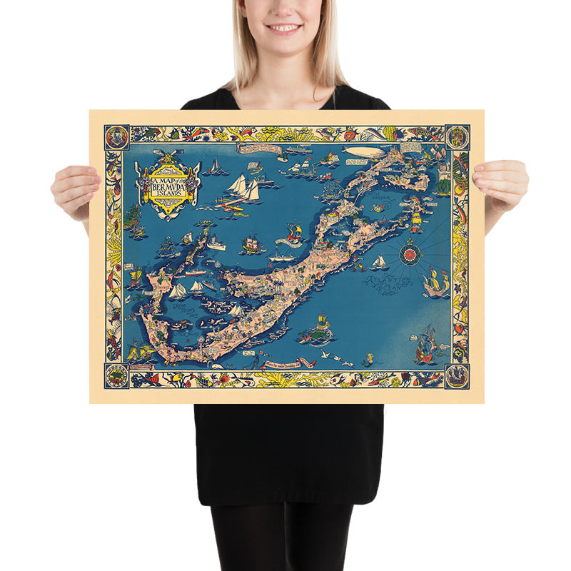 Ancienne carte picturale des Bermudes par Shurtleff, 1930 : Hamilton, St. George's, Great Sound, Sea Monsters, Ships