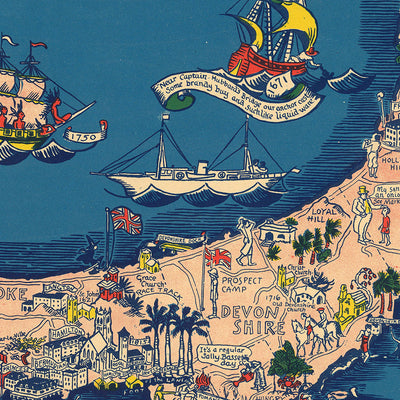 Antiguo mapa pictórico de las Bermudas de Shurtleff, 1930: Hamilton, St. George's, Great Sound, monstruos marinos, barcos