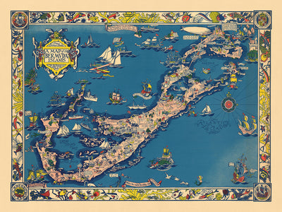 Alte Bildkarte von Bermuda von Shurtleff, 1930: Hamilton, St. George's, Great Sound, Seeungeheuer, Schiffe