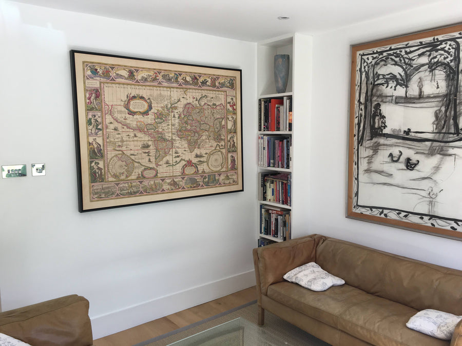 Alte Weltkarte, 1635 von Willem Blaeu - Seltenes Meisterwerk-Atlas - Sieben Wunder, mythische Inseln, römische Götter, Seeungeheuer! 