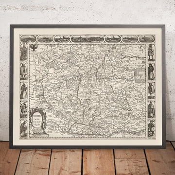Old Monochrome Map of Bohemia by Speed, 1626: Czechia, Prague, Rivers, Illustrations