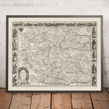 Ancienne carte monochrome de la Bohême par Speed, 1626 : République tchèque, Prague, rivières, illustrations 