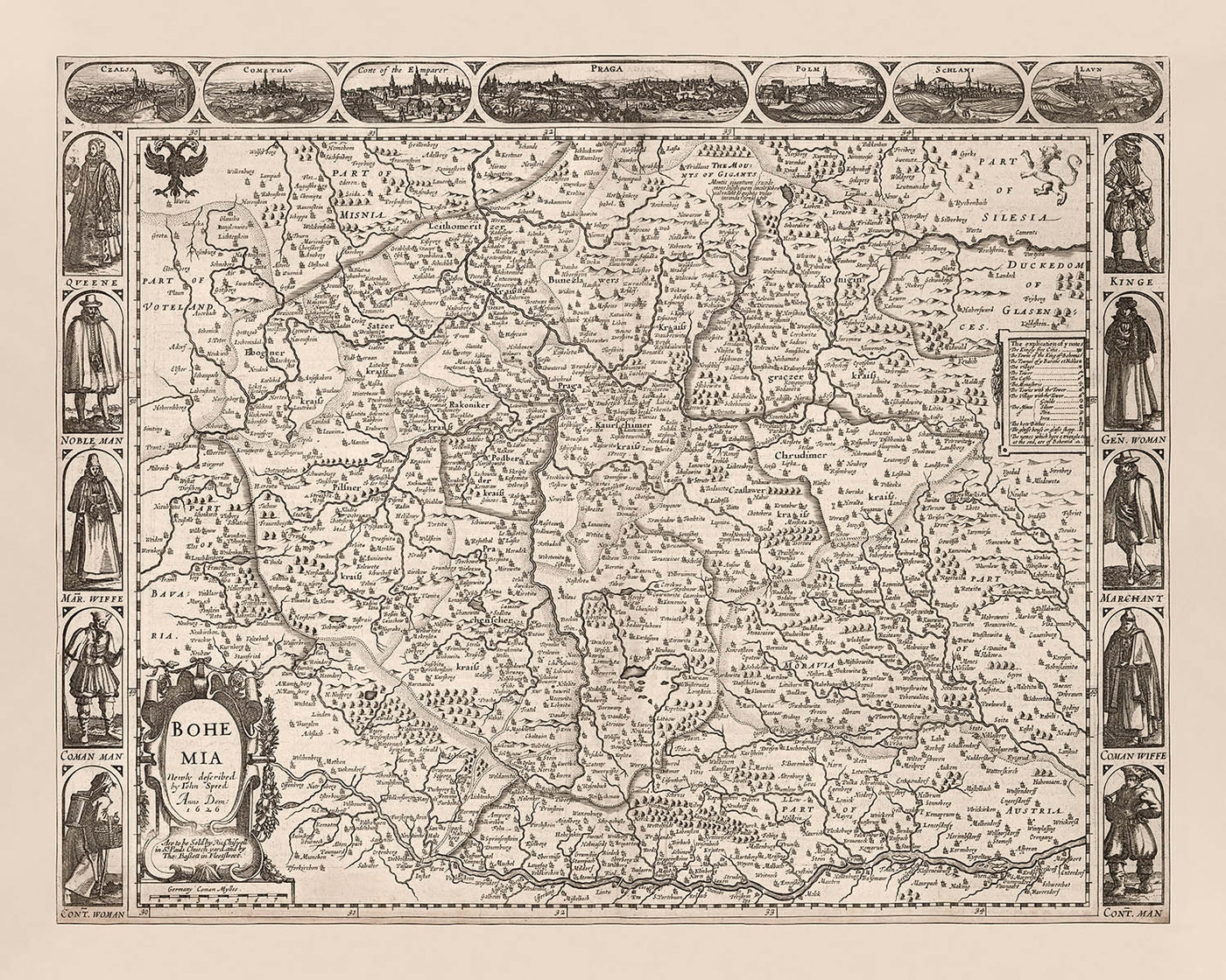 Mapa antiguo de la República Checa realizado por Speed, 1626: Praga, ríos, montañas, fronteras, ilustraciones