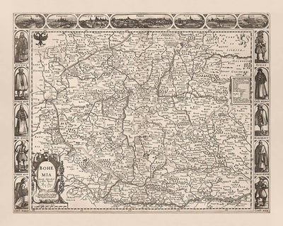 Mapa antiguo de la República Checa realizado por Speed, 1626: Praga, ríos, montañas, fronteras, ilustraciones