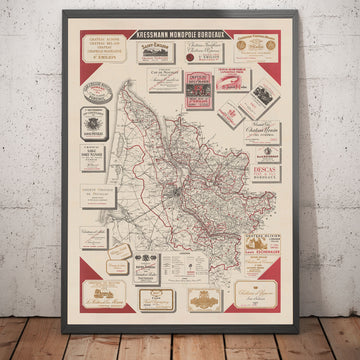 Mapa antiguo Mapa del vino de Burdeos en 1948 - Garona, Pessac, Blanquefort, Carbon-Blanc, Libourne