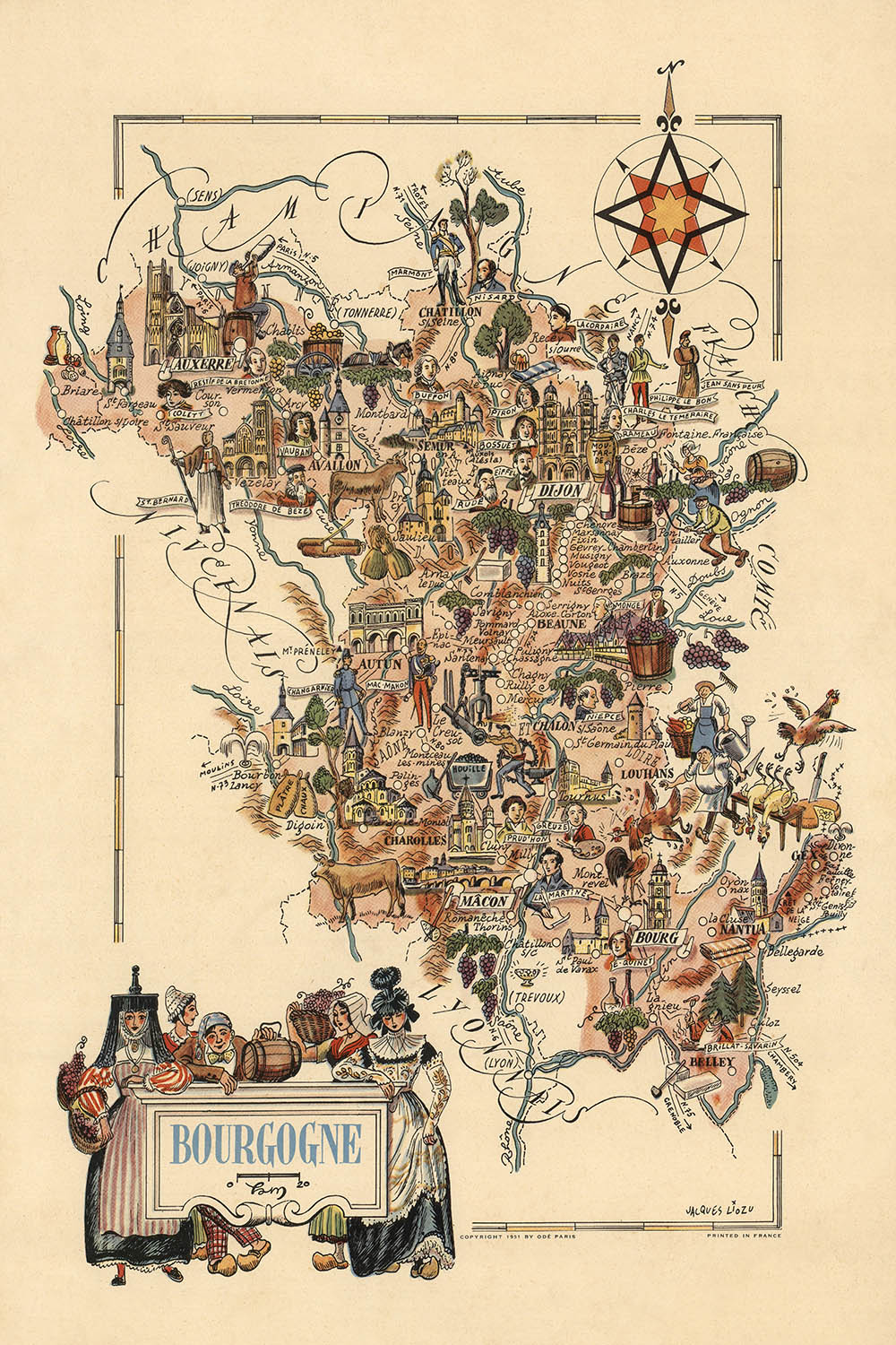 Antiguo mapa pictórico de Borgoña de Liozu, 1951: Dijon, Beaune, viñedos, catedrales, rosa de los vientos