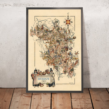 Ancienne carte picturale de la Bourgogne (Bourgogne) par Liozu, 1951 : Dijon, Beaune, vignobles, vin 
