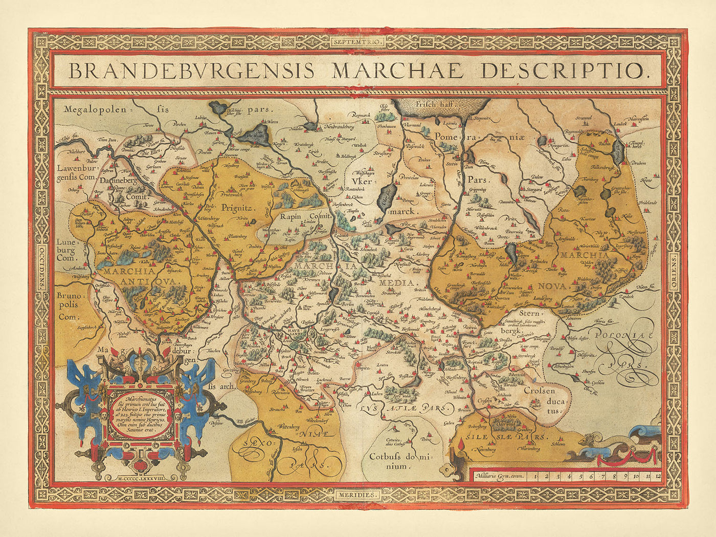 Carte ancienne du Brandebourg par Ortelius, 1598 : Berlin, rivière Albis, rivière Oder, Marchia Media, dessin orné