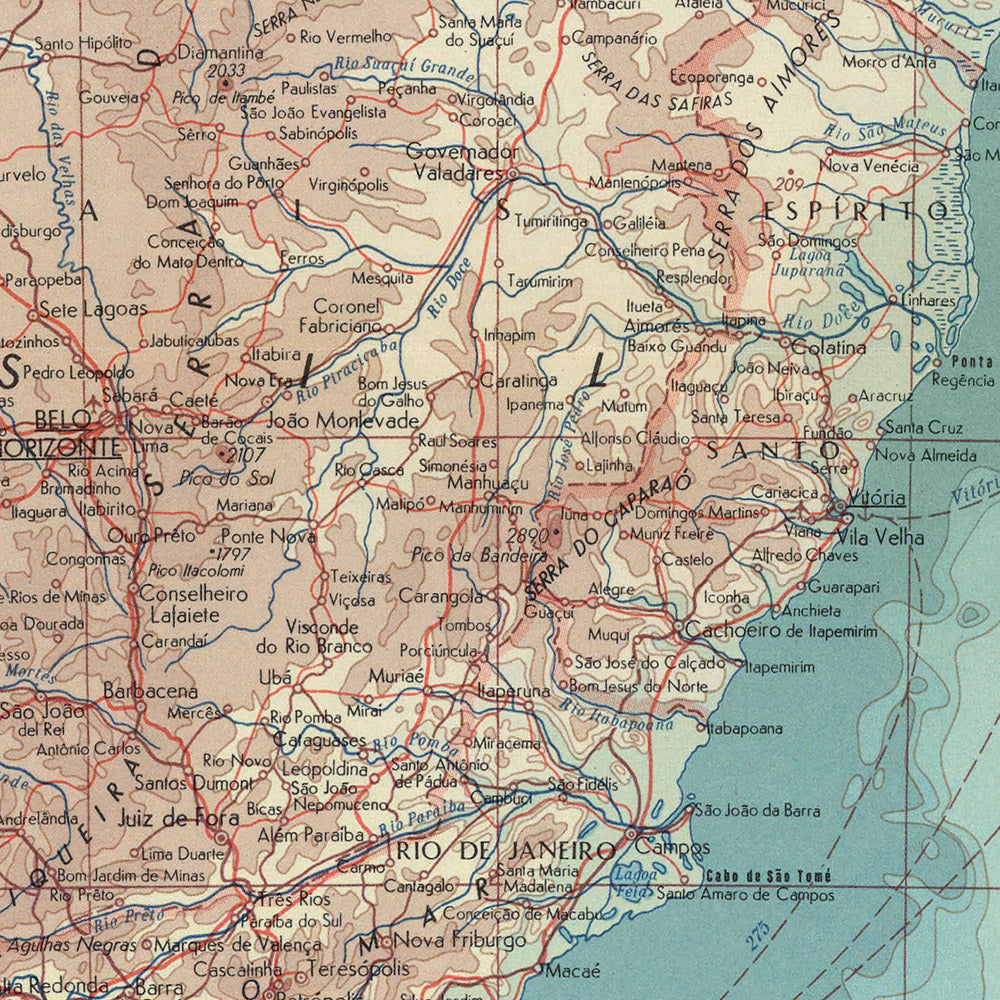 Ancienne carte du Brésil réalisée par le service topographique de l'armée polonaise, 1967 : São Paulo, Rio de Janeiro, Brasilia, fleuve Amazone, Pantanal