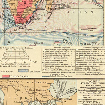 Mapa del Viejo Mundo de las rutas comerciales del Imperio Británico por The Times en 1895: Islas Británicas, Canadá, India, Australia, Nueva Zelanda