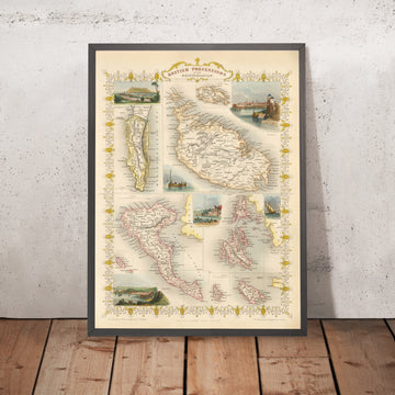 Alte Karte der britischen Besitztümer im Mittelmeer von Tallis & Rapkin 1851: Gibraltar, Malta, Zypern, Helgoland, Ionische Inseln 