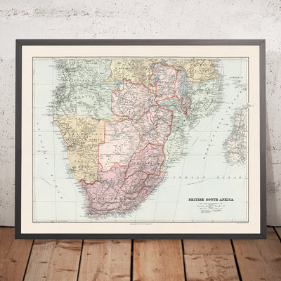 Mapa antiguo de la Sudáfrica británica, Stanford, 1904: Colonia del Cabo, Transvaal, Protectorado de Bechuanalandia, Rhodesia noroccidental, África central británica.