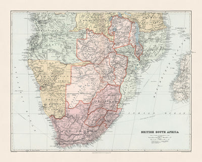 Ancienne carte de l'Afrique du Sud britannique, Stanford, 1904 : colonie du Cap, Transvaal, protectorat du Bechuanaland, Rhodésie du Nord-Ouest, Afrique centrale britannique.