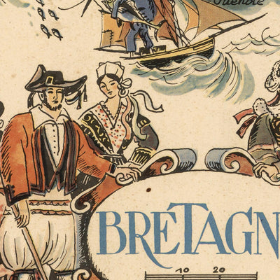 Ancienne carte de Bretagne, France par Jacques Liozu, 1951 : Rennes, Nantes, Brest, Quimper, Saint-Malo