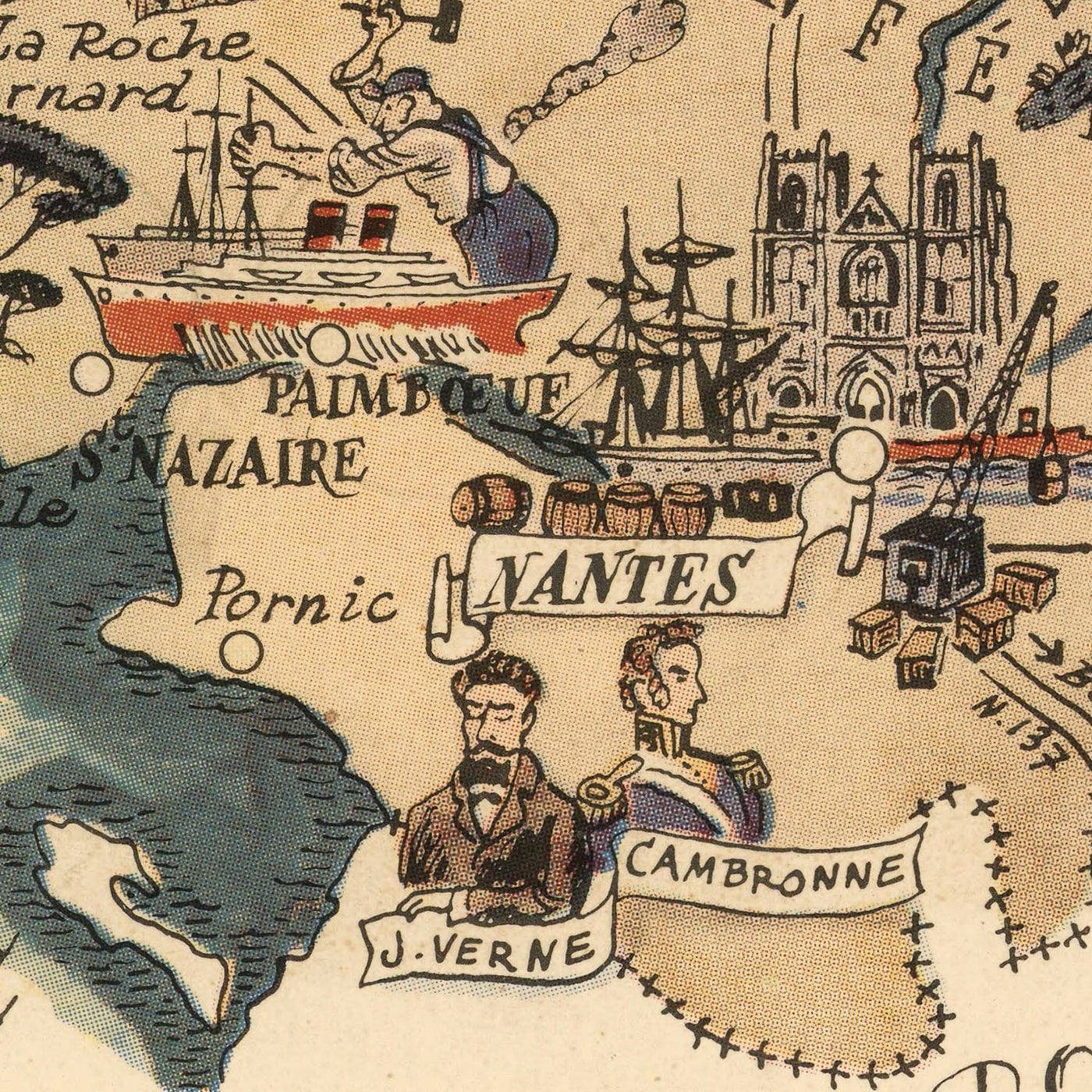 Ancienne carte de Bretagne, France par Jacques Liozu, 1951 : Rennes, Nantes, Brest, Quimper, Saint-Malo