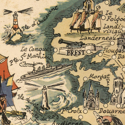 Ancienne carte de Bretagne, France par Jacques Liozu, 1951 : Rennes, Nantes, Brest, Quimper, Saint-Malo