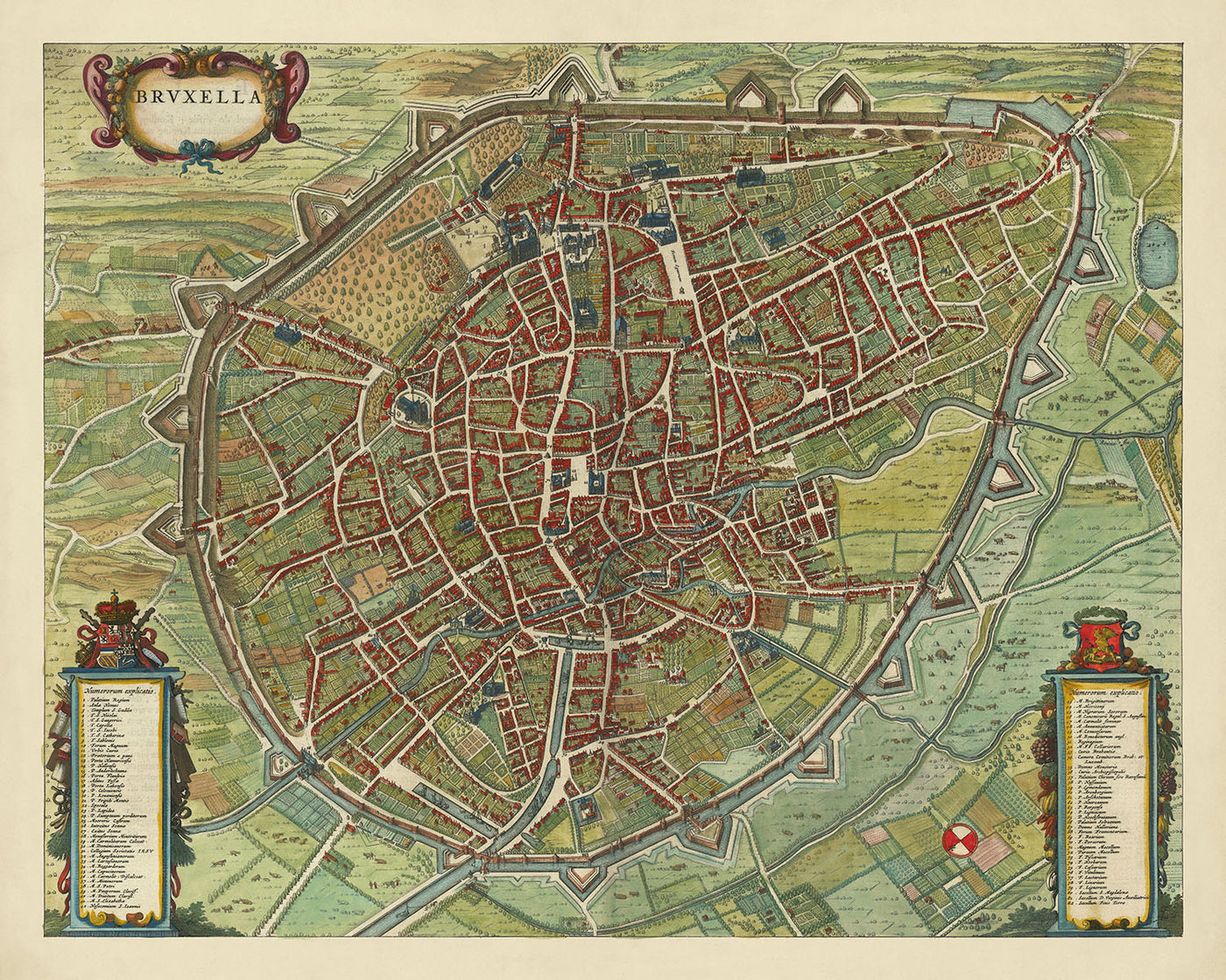 Old Birdseye Map of Brussels by Blaeu, 1649: Fortifications, Churches, Public Buildings, Districts, Gardens