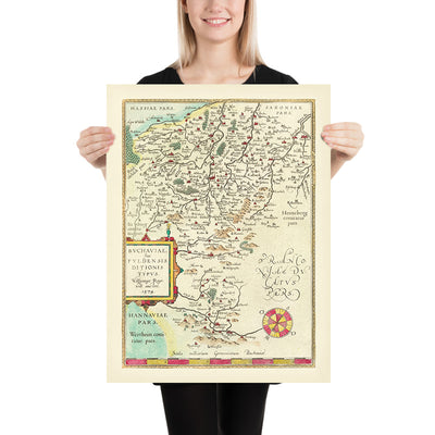 Old Map of Hesse by Ortelius, 1574: Fulda, Würzburg, Rivers, Mountains, Cartouche