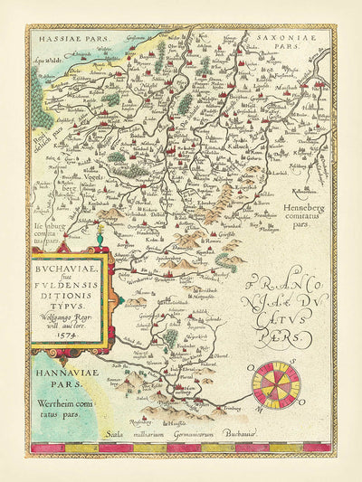 Mapa antiguo de Hesse de Ortelius, 1574: Fulda, Würzburg, ríos, montañas, cartuchos