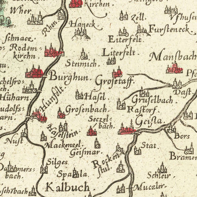 Alte Karte von Hessen von Ortelius, 1574: Fulda, Würzburg, Flüsse, Berge, Kartusche