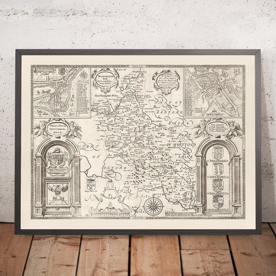 Vieille carte monochrome de Buckinghamshire en 1611 par John Speed ​​- High Wycombe, Amersham, Buckingham, Milton Keynes