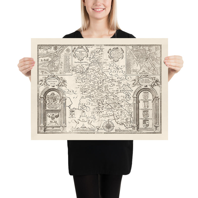 Vieille carte monochrome de Buckinghamshire en 1611 par John Speed ​​- High Wycombe, Amersham, Buckingham, Milton Keynes