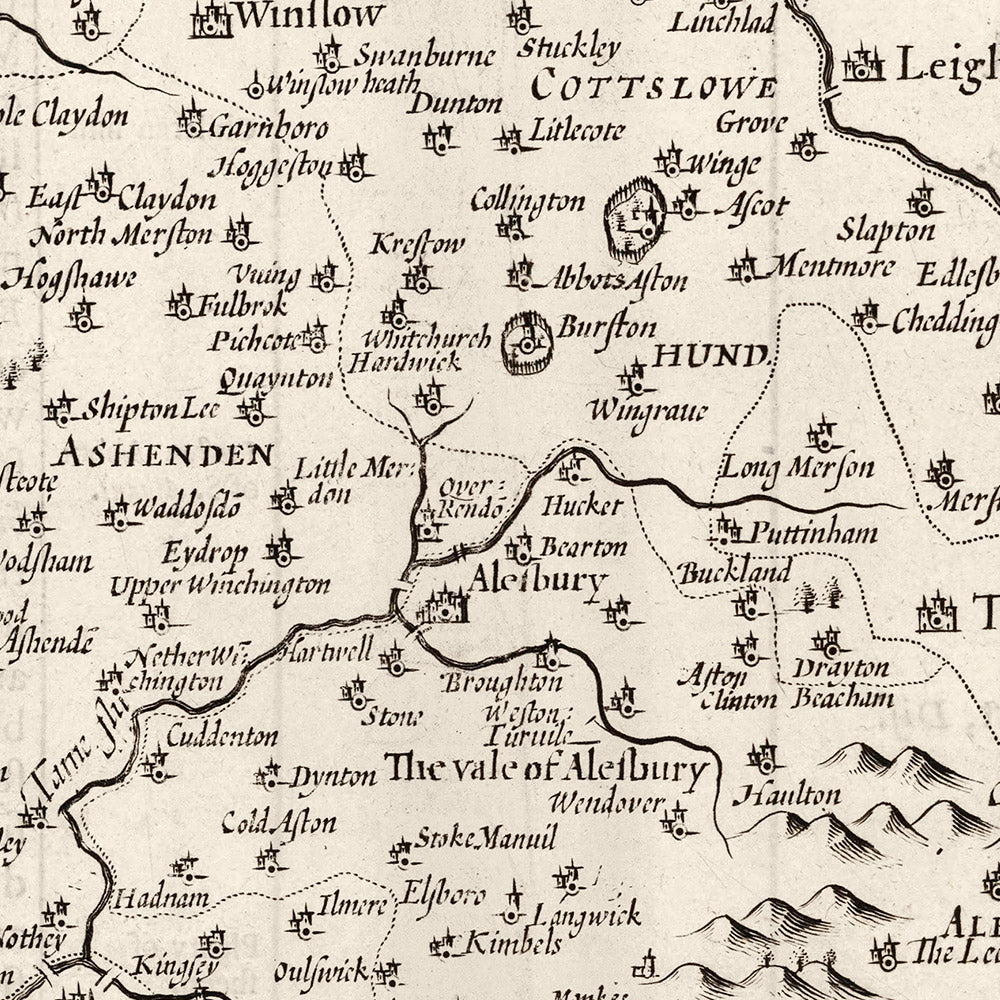 Old Monochrome Map of Buckinghamshire in 1611 by John Speed - High Wycombe, Amersham, Buckingham, Milton Keynes